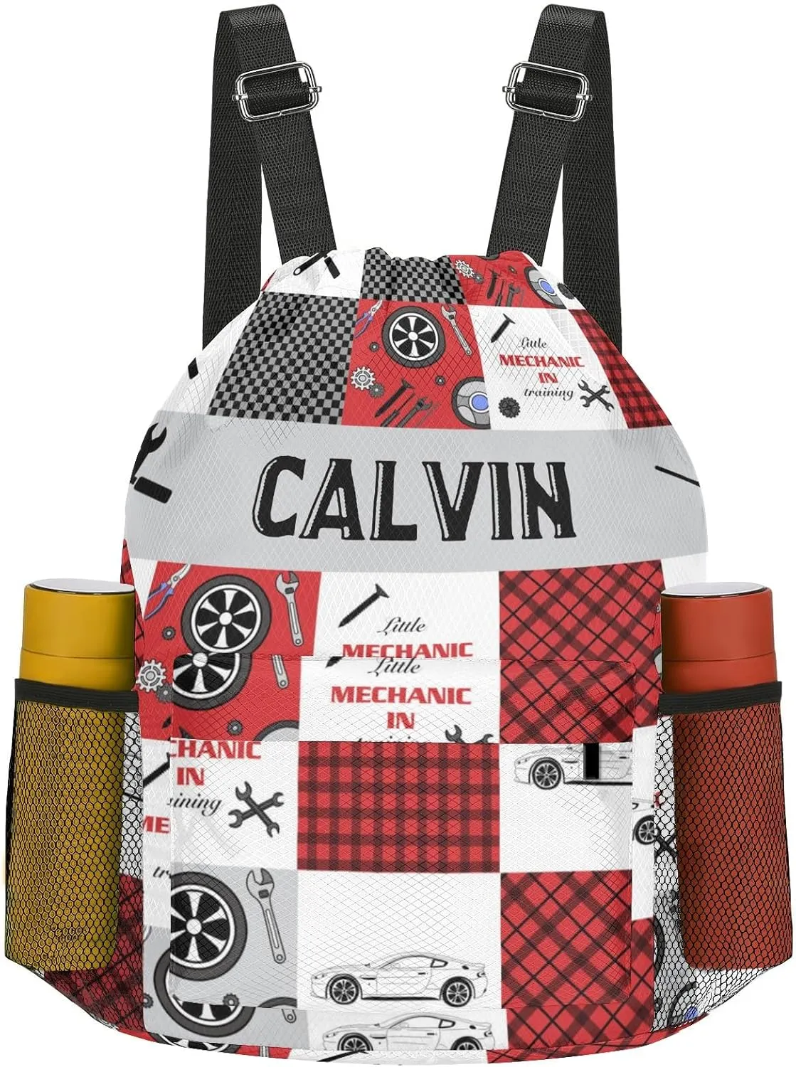 Personalized Little Car Mechanic Drawstring Backpack Sports Gym Bag with Shoes Compartment, Water-Resistant String Backpack Cinch for Women Men