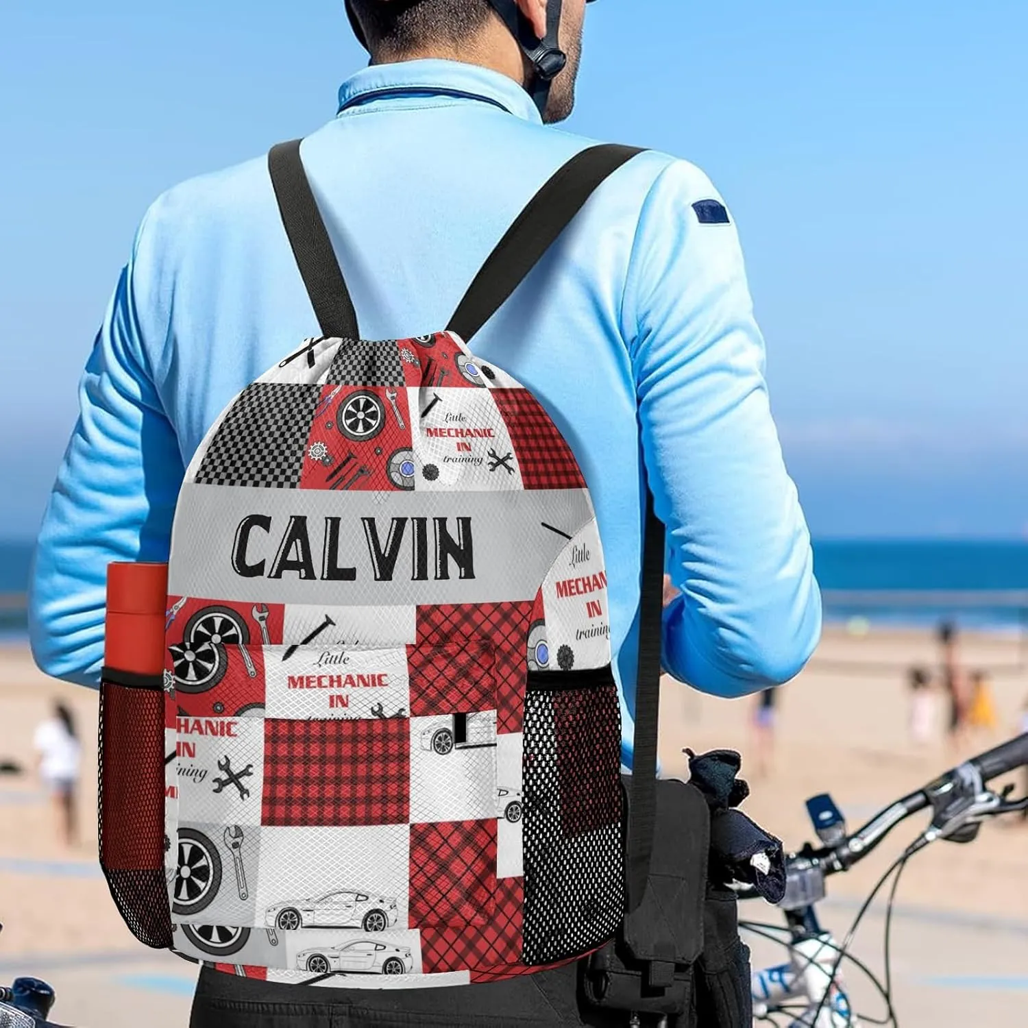 Personalized Little Car Mechanic Drawstring Backpack Sports Gym Bag with Shoes Compartment, Water-Resistant String Backpack Cinch for Women Men