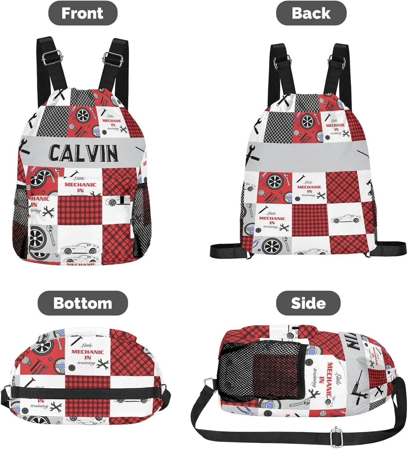 Personalized Little Car Mechanic Drawstring Backpack Sports Gym Bag with Shoes Compartment, Water-Resistant String Backpack Cinch for Women Men