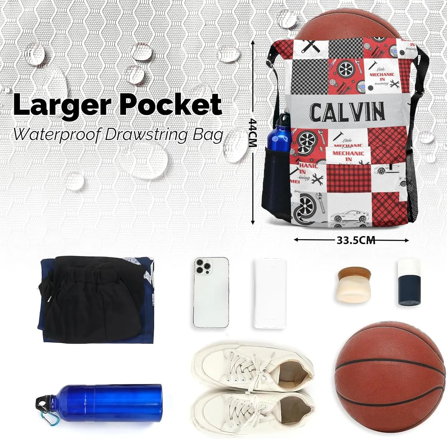 Personalized Little Car Mechanic Drawstring Backpack Sports Gym Bag with Shoes Compartment, Water-Resistant String Backpack Cinch for Women Men