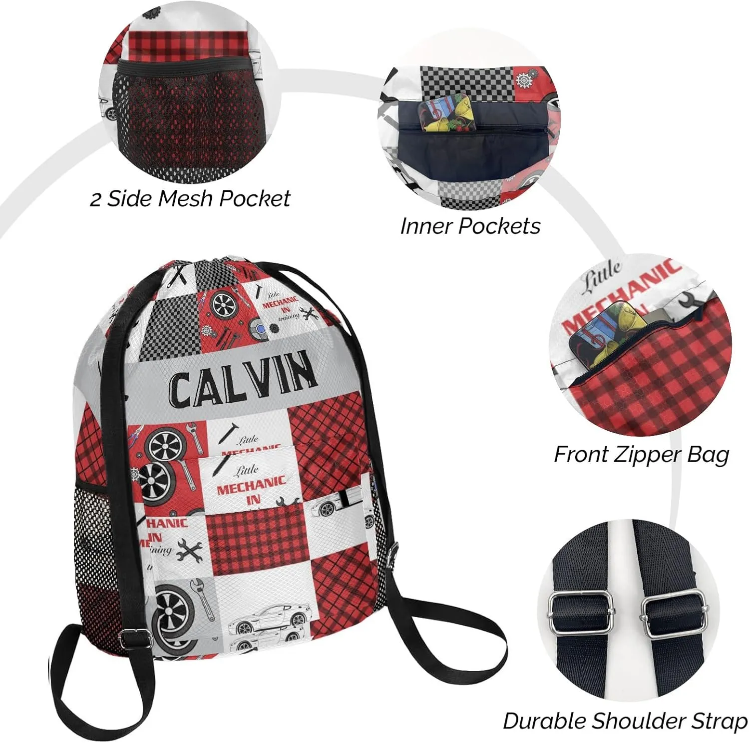 Personalized Little Car Mechanic Drawstring Backpack Sports Gym Bag with Shoes Compartment, Water-Resistant String Backpack Cinch for Women Men