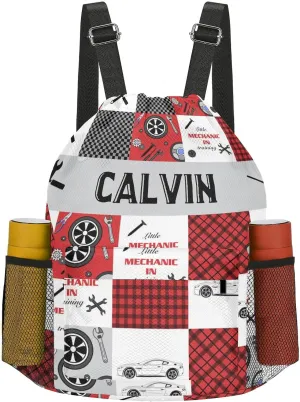 Personalized Little Car Mechanic Drawstring Backpack Sports Gym Bag with Shoes Compartment, Water-Resistant String Backpack Cinch for Women Men