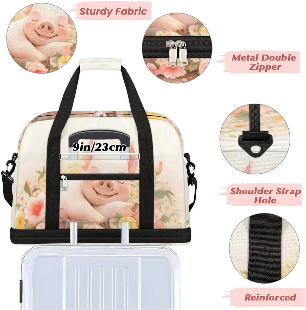 Pig Flower Foldable Travel Duffel Bag Overnight Weekender Bag with Shoes Compartment Sports Gym Bag for Men Women