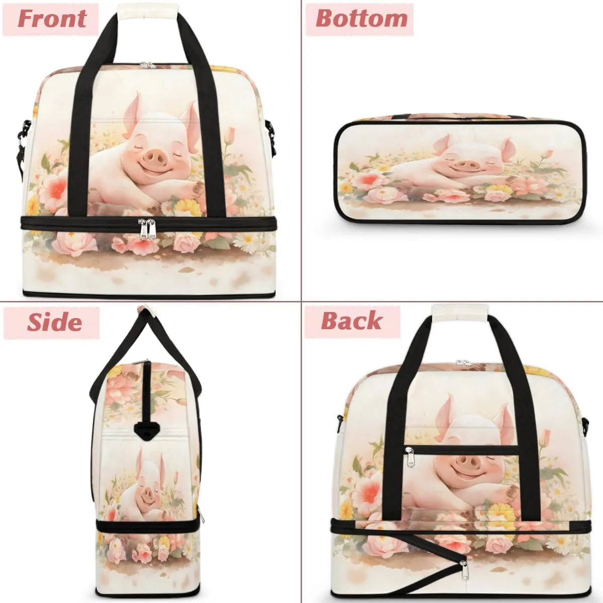 Pig Flower Foldable Travel Duffel Bag Overnight Weekender Bag with Shoes Compartment Sports Gym Bag for Men Women
