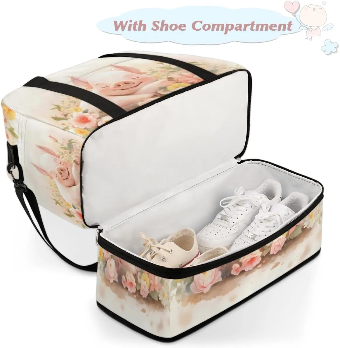 Pig Flower Foldable Travel Duffel Bag Overnight Weekender Bag with Shoes Compartment Sports Gym Bag for Men Women