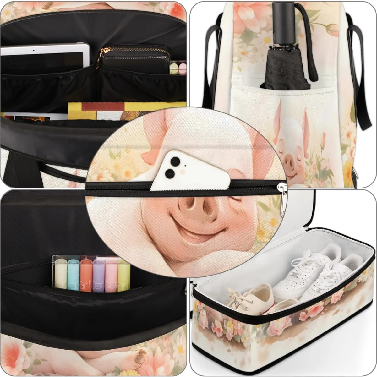 Pig Flower Foldable Travel Duffel Bag Overnight Weekender Bag with Shoes Compartment Sports Gym Bag for Men Women