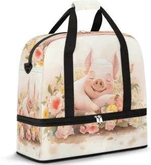 Pig Flower Foldable Travel Duffel Bag Overnight Weekender Bag with Shoes Compartment Sports Gym Bag for Men Women
