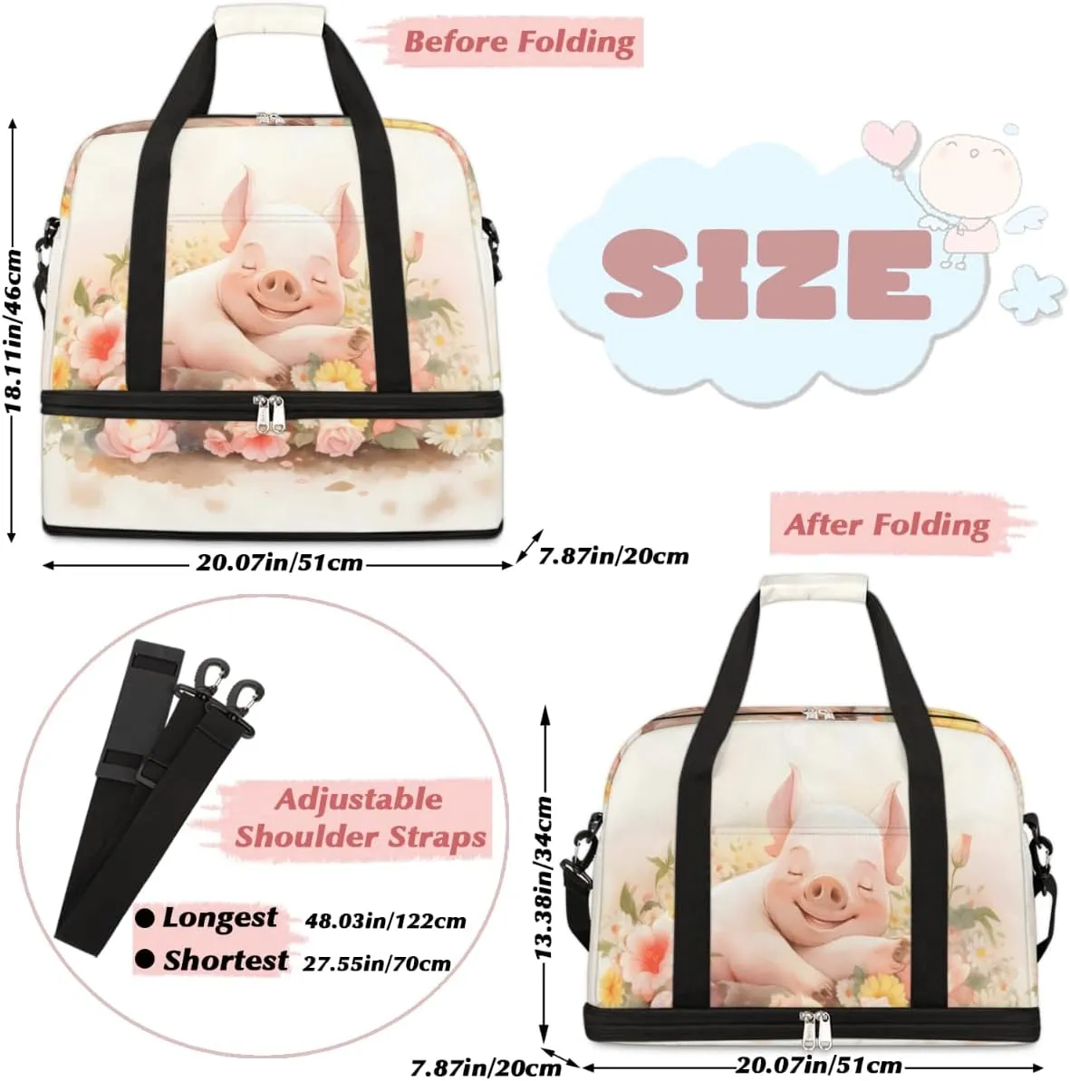 Pig Flower Foldable Travel Duffel Bag Overnight Weekender Bag with Shoes Compartment Sports Gym Bag for Men Women