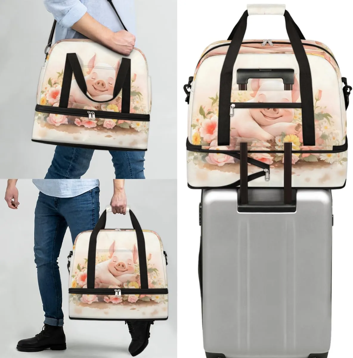 Pig Flower Foldable Travel Duffel Bag Overnight Weekender Bag with Shoes Compartment Sports Gym Bag for Men Women
