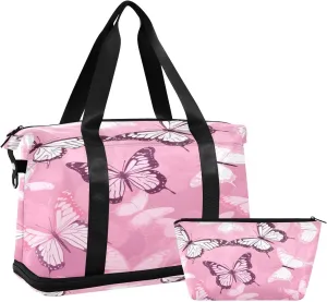 Pink Butterfly Gym Bag for Men Women with Shoes Compartment & Wet Pocket Sport Travel Duffel Bag Waterproof Weekender Overnight Bag