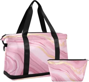 Pink Marble Gym Bag for Men Women with Shoes Compartment & Wet Pocket Sport Travel Duffel Bag Waterproof Weekender Overnight Bag