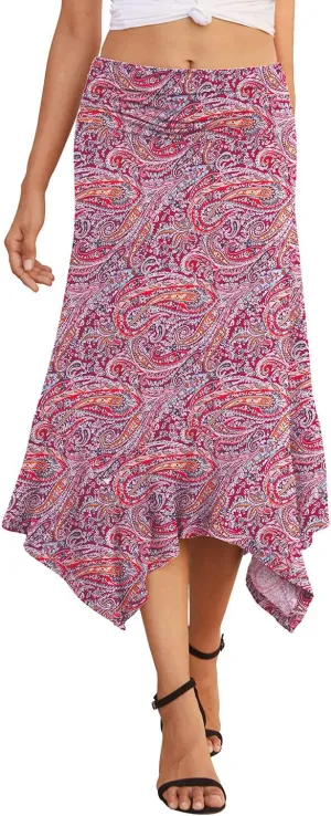 PrinStory Summer Skirt Elegant Flowy Handkerchief Hemline Midi Dress for Women Print Cashew Red XX-Large