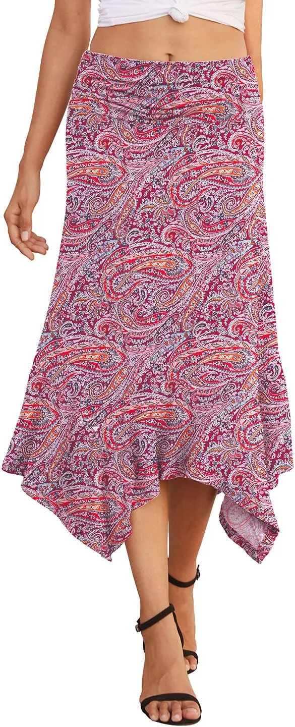PrinStory Summer Skirt Elegant Flowy Handkerchief Hemline Midi Dress for Women Print Cashew Red XX-Large