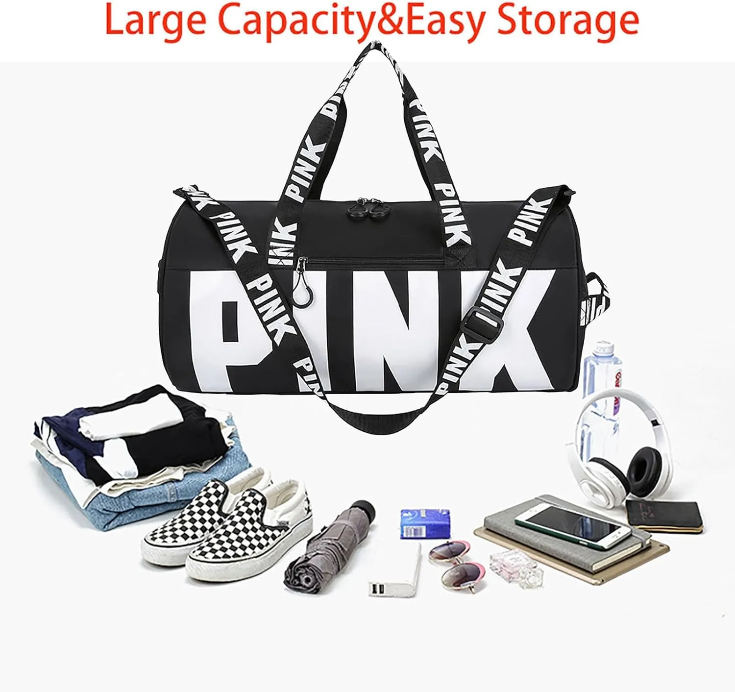 Printed Travel Tote Bag Dry Wet Separation Sports Duffels Bag with Shoes Compartment Weekender Bag for Women and Men (Black)
