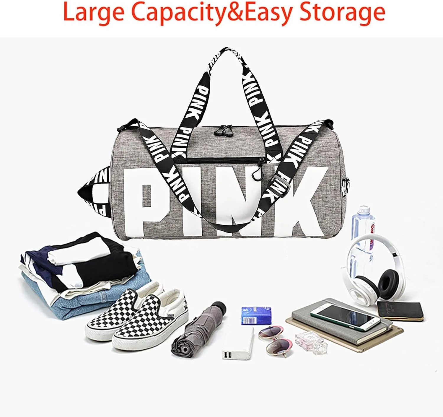 Printed Travel Tote Bag Dry Wet Separation Sports Duffels Bag with Shoes Compartment Weekender Bag for Women and Men (Gray)