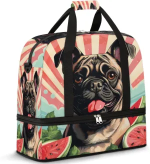 Pug Dog Print Foldable Travel Duffel Bag Overnight Weekender Bag with Shoes Compartment Sports Gym Bag for Men Women