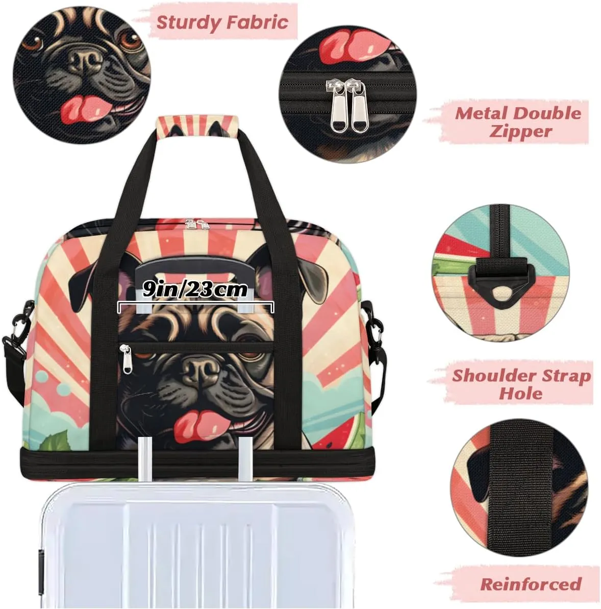 Pug Dog Print Foldable Travel Duffel Bag Overnight Weekender Bag with Shoes Compartment Sports Gym Bag for Men Women