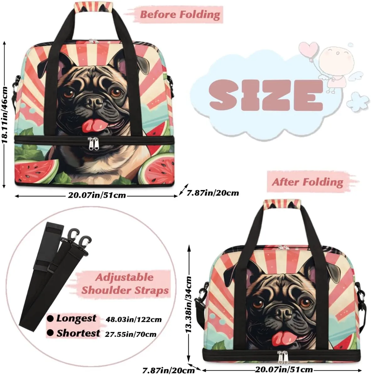 Pug Dog Print Foldable Travel Duffel Bag Overnight Weekender Bag with Shoes Compartment Sports Gym Bag for Men Women