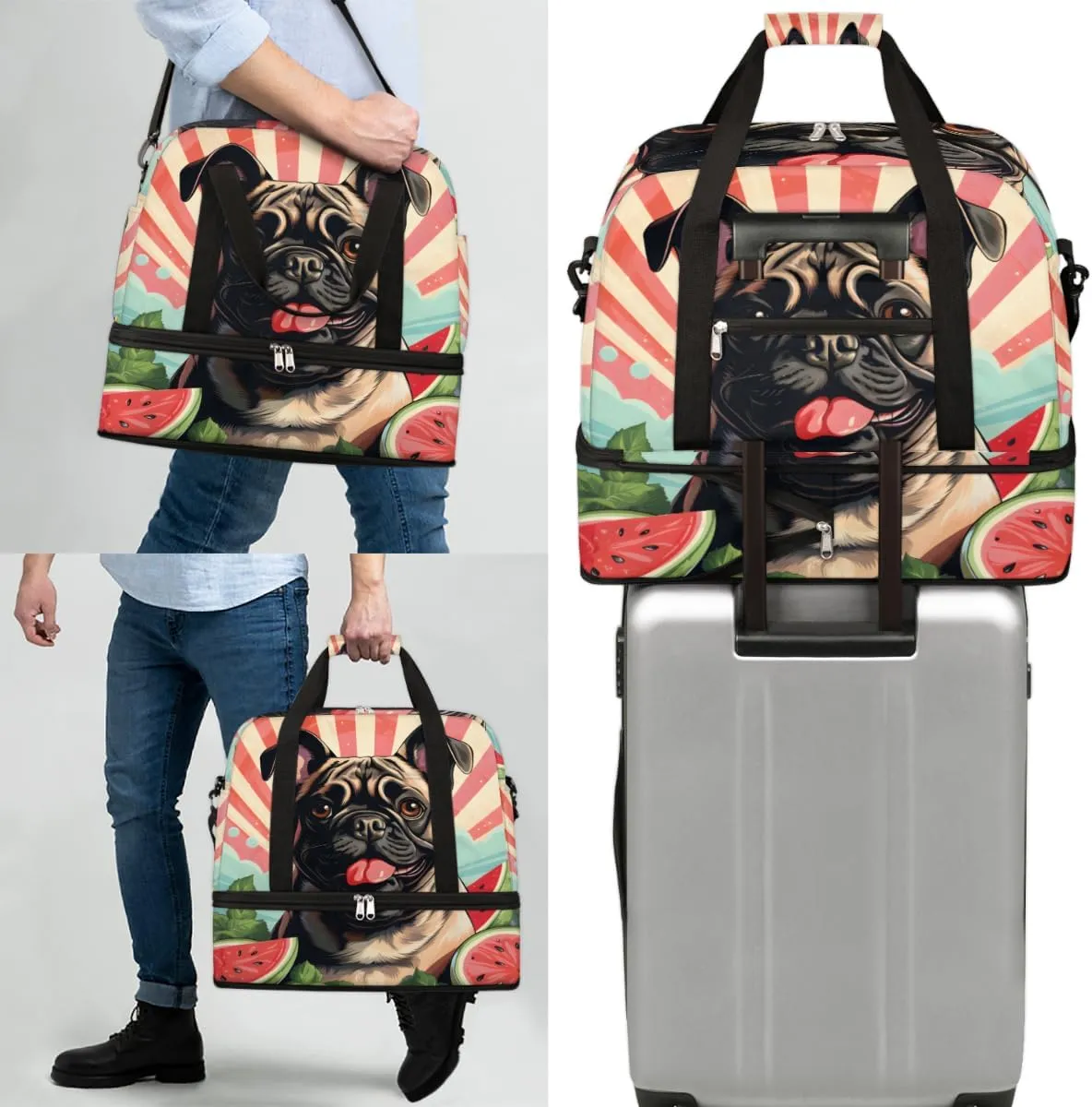 Pug Dog Print Foldable Travel Duffel Bag Overnight Weekender Bag with Shoes Compartment Sports Gym Bag for Men Women