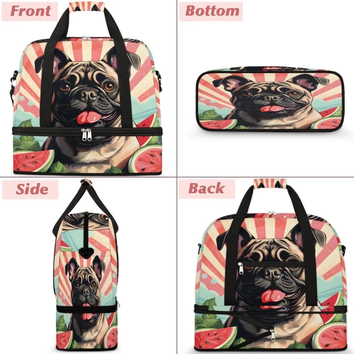 Pug Dog Print Foldable Travel Duffel Bag Overnight Weekender Bag with Shoes Compartment Sports Gym Bag for Men Women