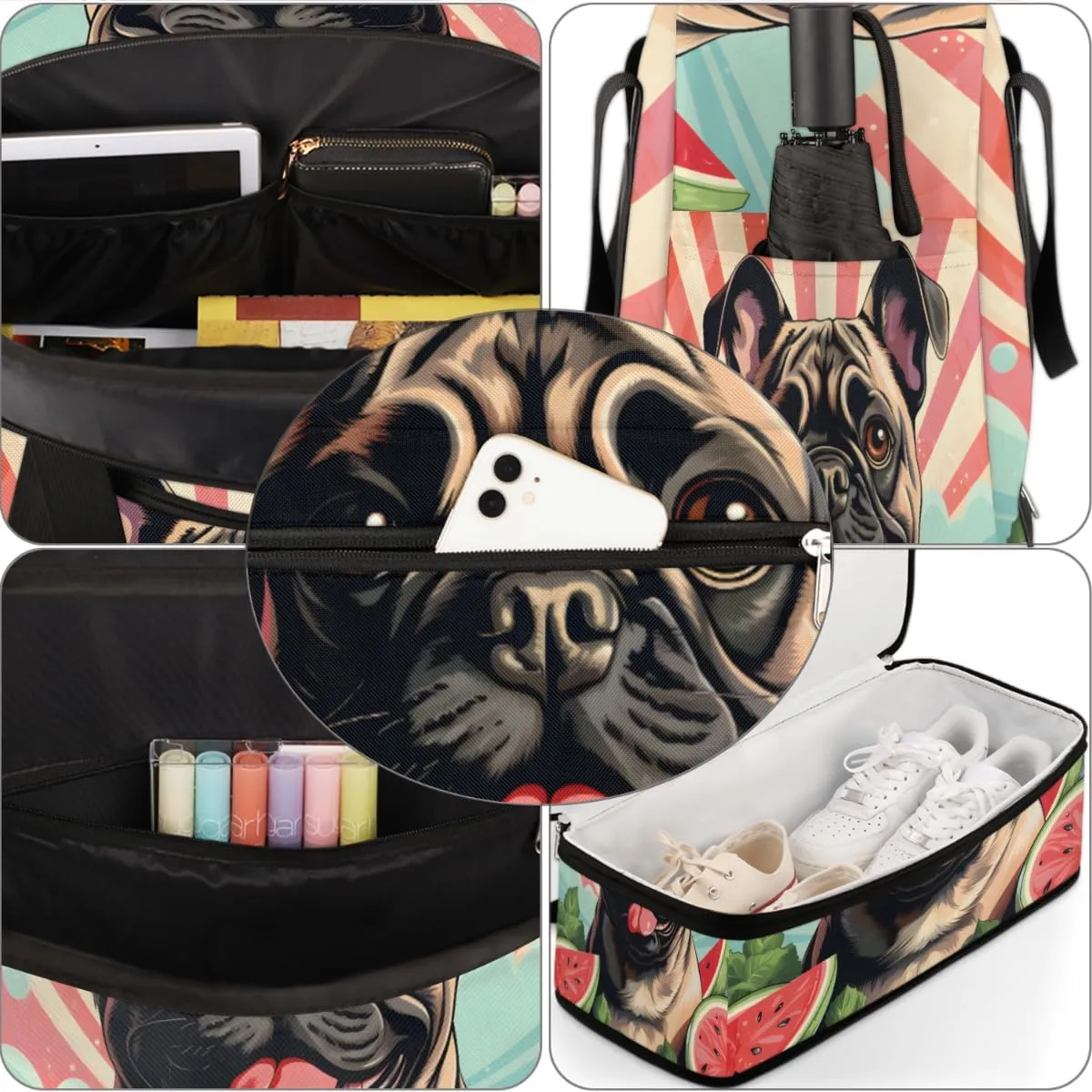 Pug Dog Print Foldable Travel Duffel Bag Overnight Weekender Bag with Shoes Compartment Sports Gym Bag for Men Women