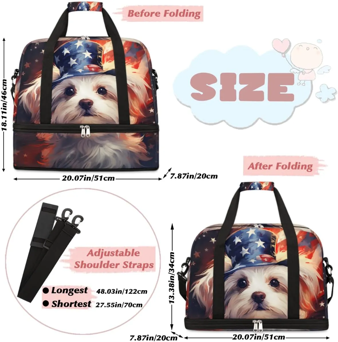 Puppy Dogs Cute Animals Foldable Travel Duffel Bag Overnight Weekender Bag with Shoes Compartment Sports Gym Bag for Men Women