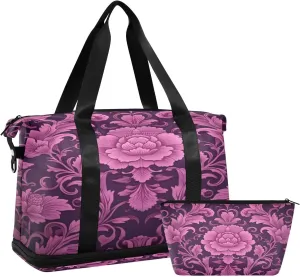 Purple Floral Gym Bag for Men Women with Shoes Compartment & Wet Pocket Sport Travel Duffel Bag Waterproof Weekender Overnight Bag