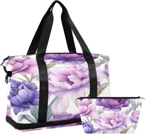 Purple Flower Gym Bag for Men Women with Shoes Compartment & Wet Pocket Sport Travel Duffel Bag Waterproof Weekender Overnight Bag