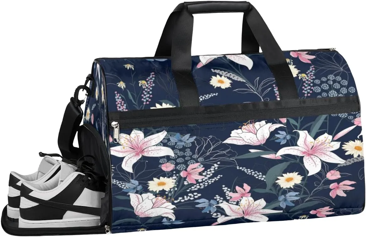 QsirBC Beautiful Flowers Gym Bag for Women Duffle Tote with Shoes Compartment Men Weekender Duffel For Travel Sports Swimming Overnight