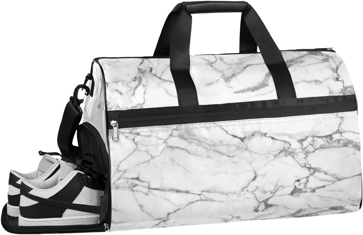 QsirBC Grey Marble Gym Bag for Women Duffle Tote with Shoes Compartment Men Weekender Duffel For Travel Sports Swimming Overnight