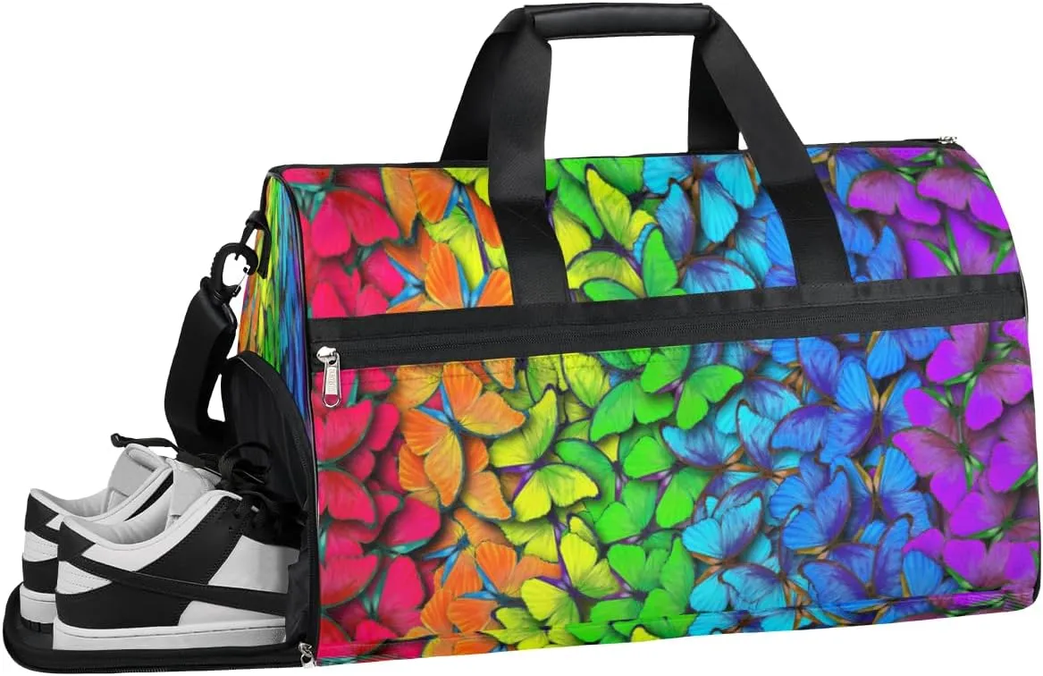 QsirBC Rainbow Butterflies Gym Bag for Women Duffle Tote with Shoes Compartment Men Weekender Duffel For Travel Sports Swimming Overnight