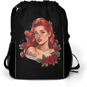Red Hair Lady With Rose Tattoo Drawstring Backpack String Bag Sports Gym Sackpack with Side Pocket Shoes Compartment