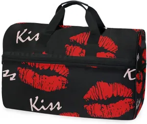Red Lips Kiss Travel Duffel Bag Luggage Sports Gym Bag With Shoes Compartment Large Capacity Duffle Bag For Men Women