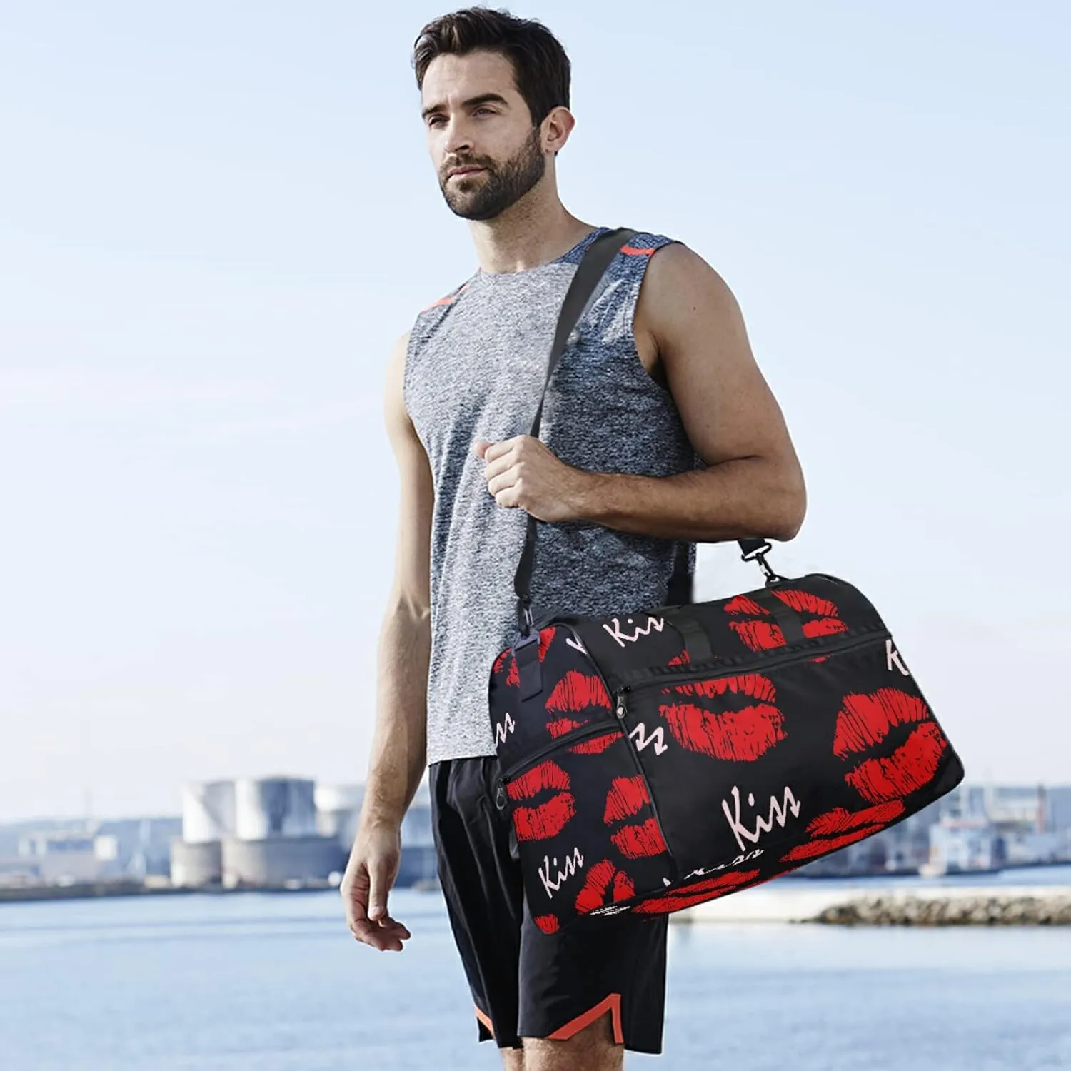 Red Lips Kiss Travel Duffel Bag Luggage Sports Gym Bag With Shoes Compartment Large Capacity Duffle Bag For Men Women