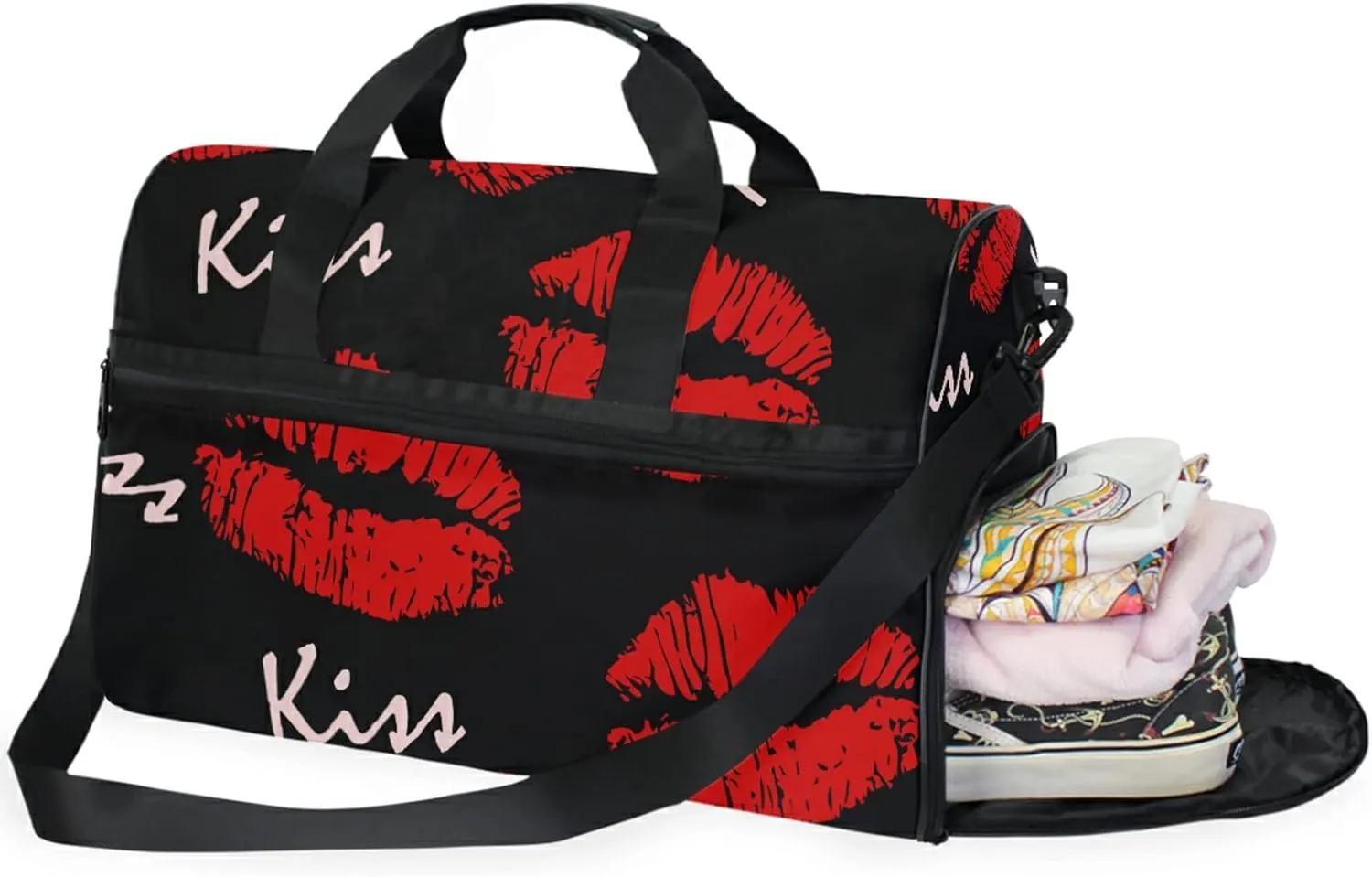 Red Lips Kiss Travel Duffel Bag Luggage Sports Gym Bag With Shoes Compartment Large Capacity Duffle Bag For Men Women