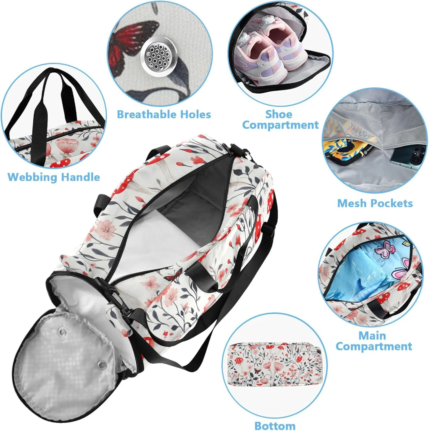 Red Mushrooms Boy's Gym Duffel Bag with Shoes Compartment Multifunctional Weekender Overnight Bags for Beach Swim Bags Pool Sports