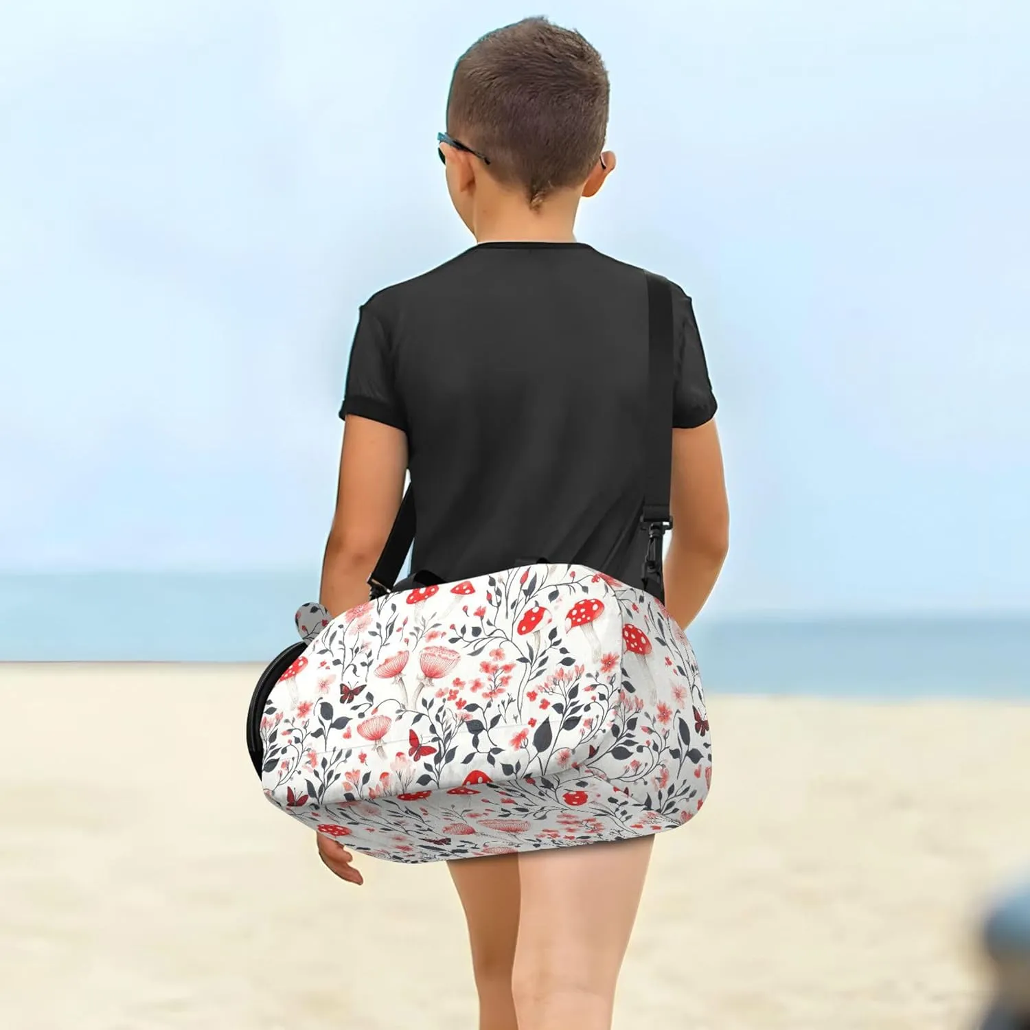 Red Mushrooms Boy's Gym Duffel Bag with Shoes Compartment Multifunctional Weekender Overnight Bags for Beach Swim Bags Pool Sports