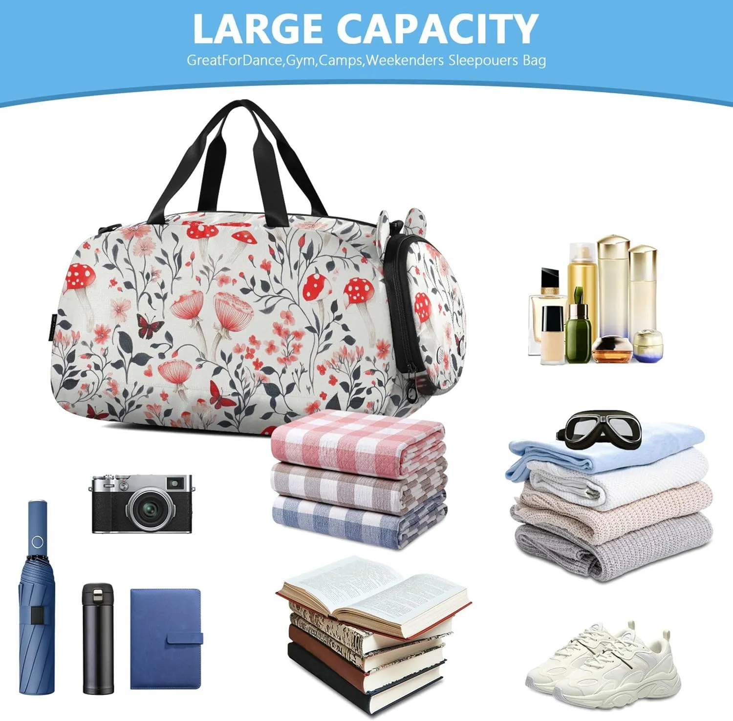 Red Mushrooms Boy's Gym Duffel Bag with Shoes Compartment Multifunctional Weekender Overnight Bags for Beach Swim Bags Pool Sports