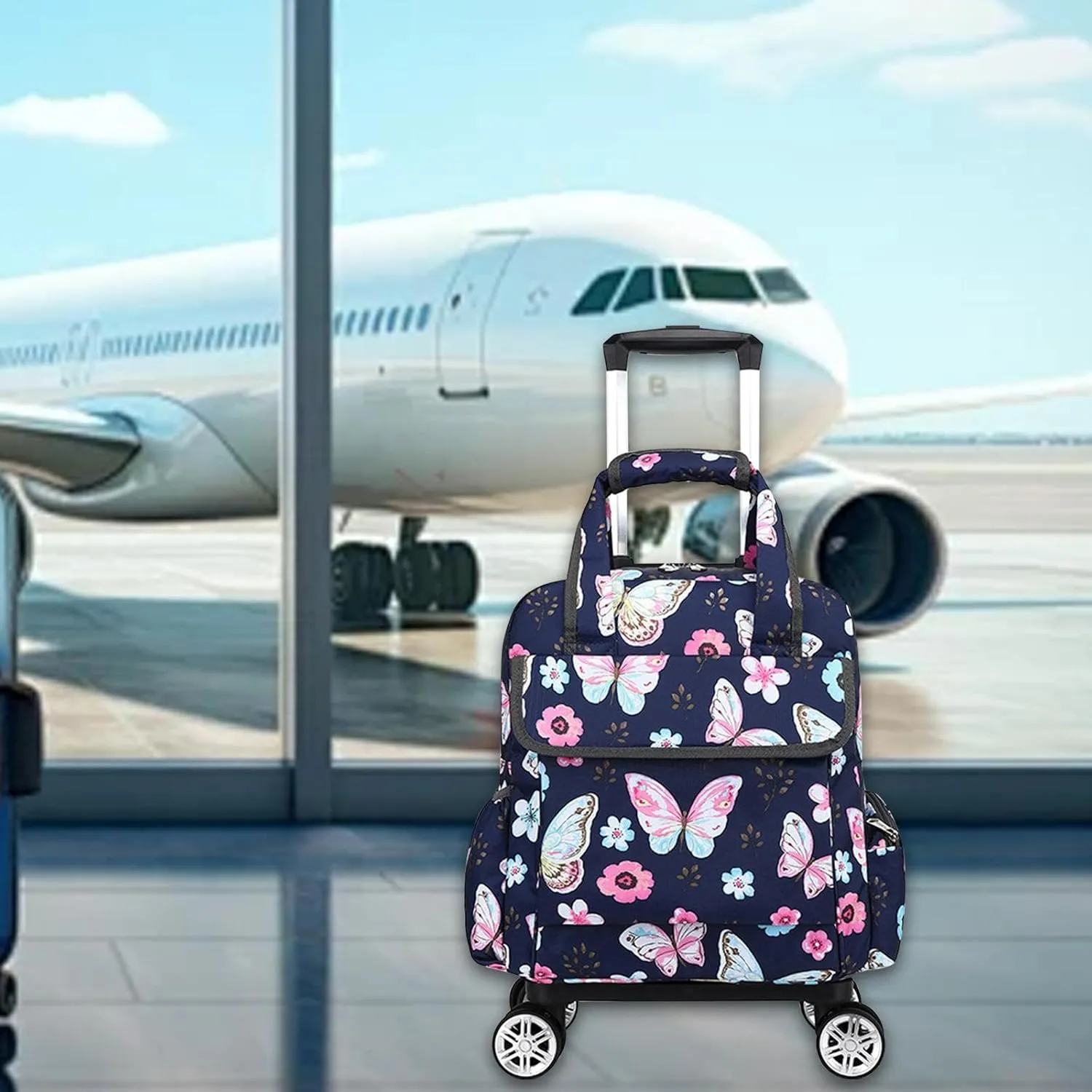 Rolling Duffel Bag Travel Duffel Bag Holdall Rolling Luggage 16inch Organizer Storage Shoes Wear Resistant Duffle with Wheels, Butterfly