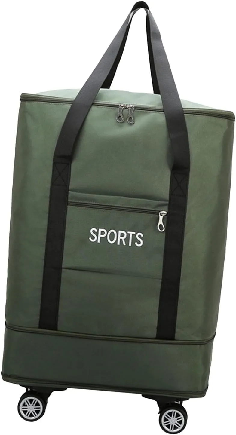 Rolling Duffle Bag Foldable Suitcase Storage Bag Shoes Portable Expandable Backpack with Wheels for Outddor Workout Exercise, Green