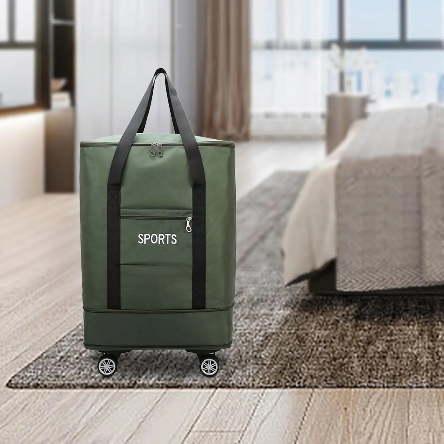Rolling Duffle Bag Foldable Suitcase Storage Bag Shoes Portable Expandable Backpack with Wheels for Outddor Workout Exercise, Green