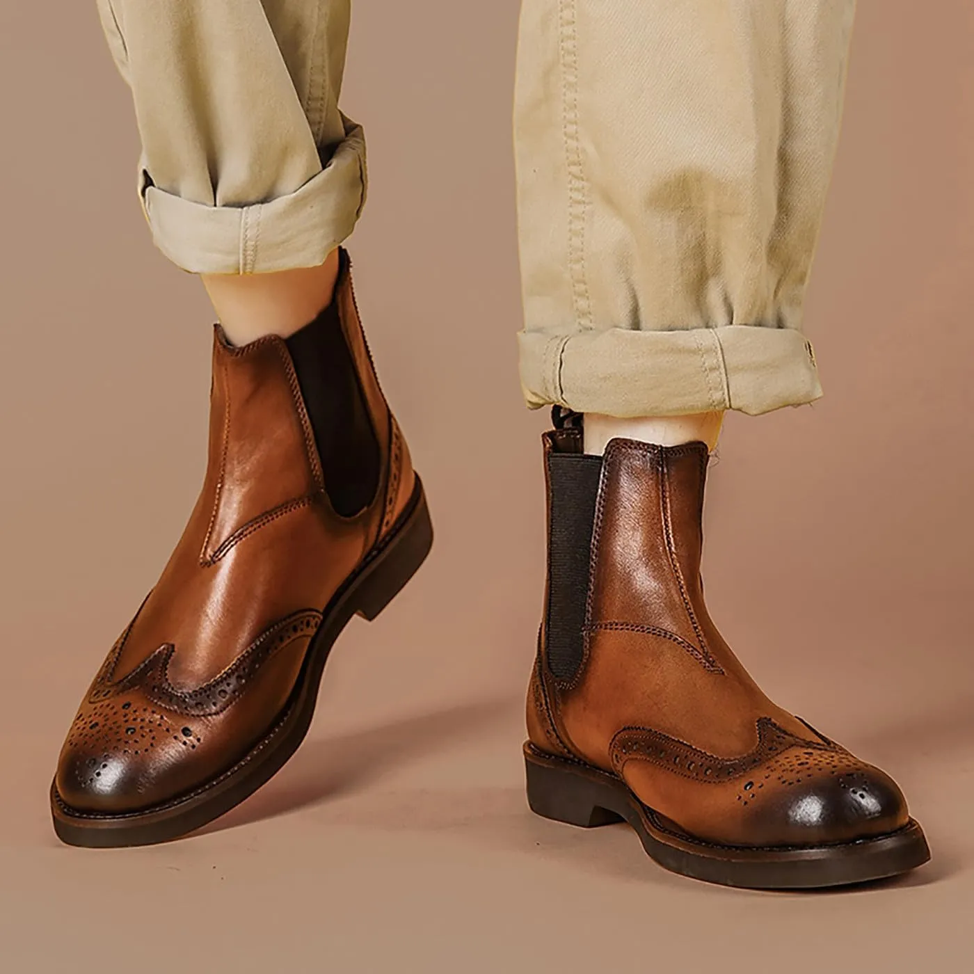 Santimon Chelsea Boots Mens Dress Casual Genuine Leather Handmade Wingtips Brogues Boots Fashion Formal Ankle Boots for Men