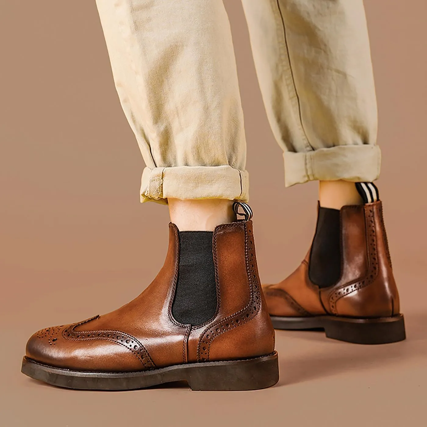 Santimon Chelsea Boots Mens Dress Casual Genuine Leather Handmade Wingtips Brogues Boots Fashion Formal Ankle Boots for Men