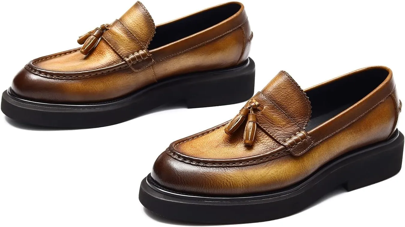 Santimon Men's Loafers Slip-ons Leather Formal Dress Tassel Penny Loafers Fashion Thick Sole Casual Shoes for Men