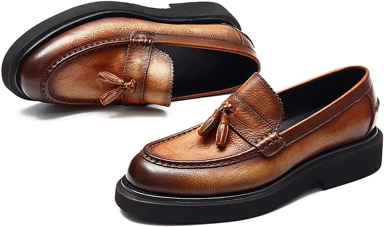 Santimon Men's Loafers Slip-ons Leather Formal Dress Tassel Penny Loafers Fashion Thick Sole Casual Shoes for Men