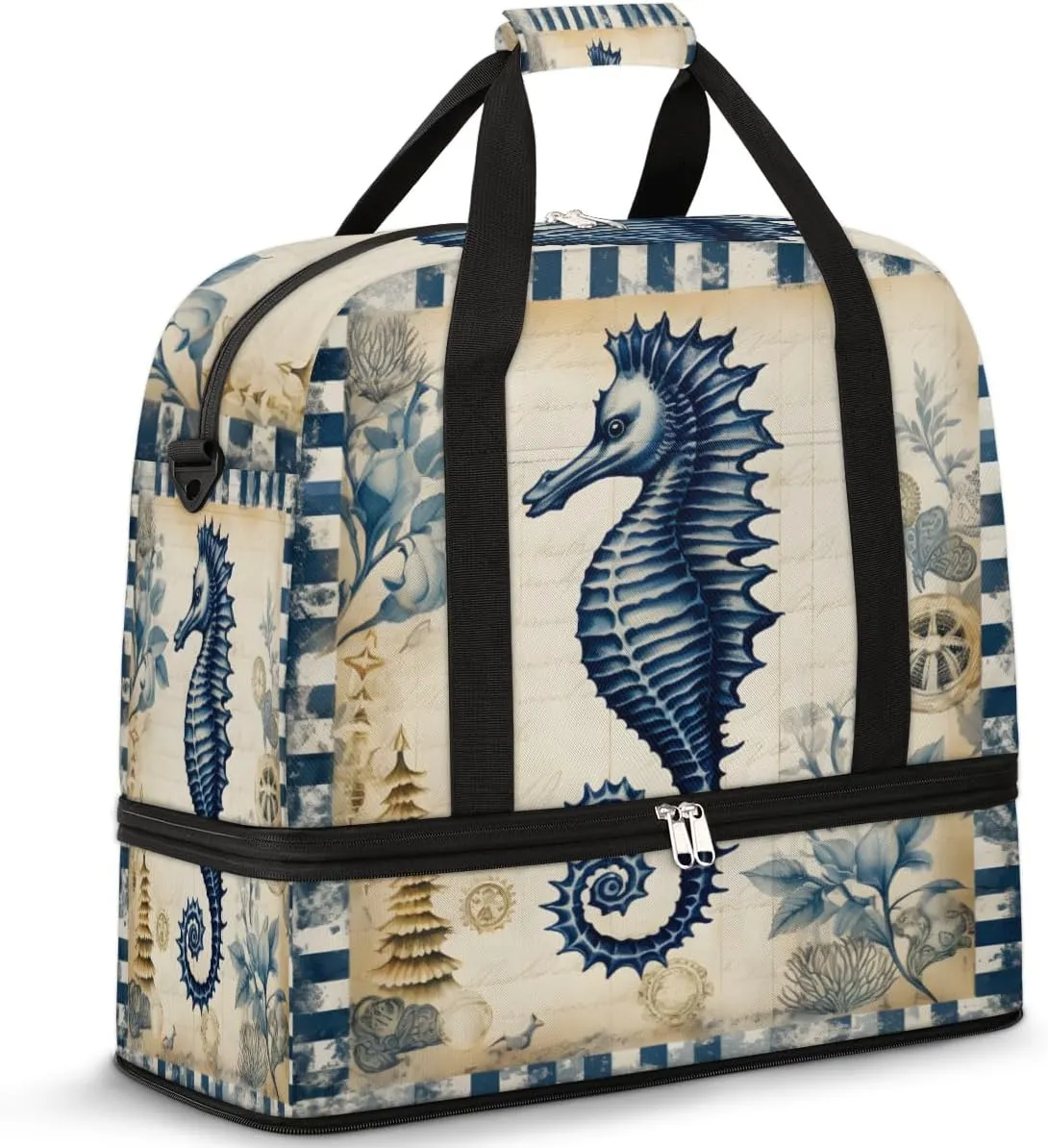 Sea Hippocampus Foldable Travel Duffel Bag Overnight Weekender Bag with Shoes Compartment Sports Gym Bag for Men Women