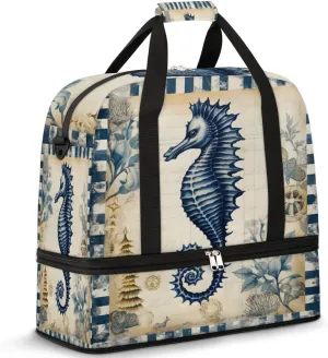 Sea Hippocampus Foldable Travel Duffel Bag Overnight Weekender Bag with Shoes Compartment Sports Gym Bag for Men Women
