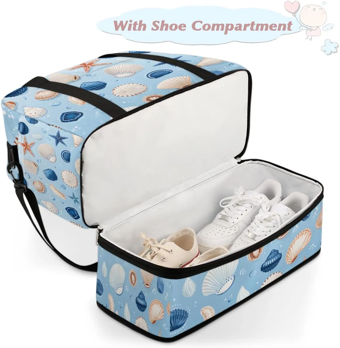 Seashell Starfish Foldable Travel Duffel Bag Overnight Weekender Bag with Shoes Compartment Sports Gym Bag for Men Women