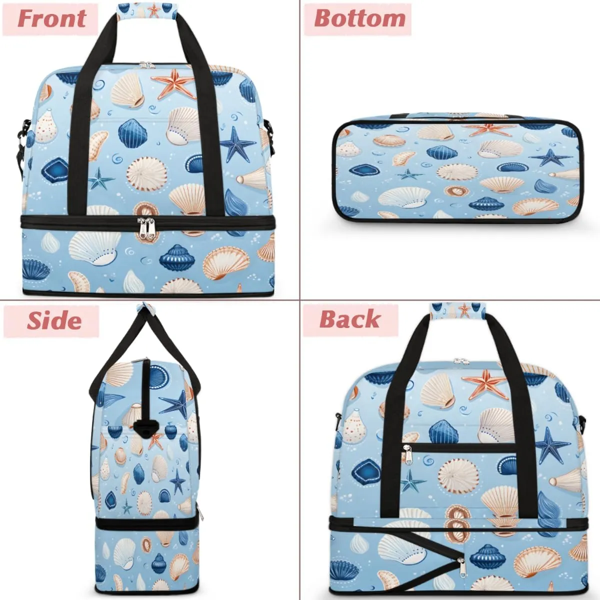 Seashell Starfish Foldable Travel Duffel Bag Overnight Weekender Bag with Shoes Compartment Sports Gym Bag for Men Women