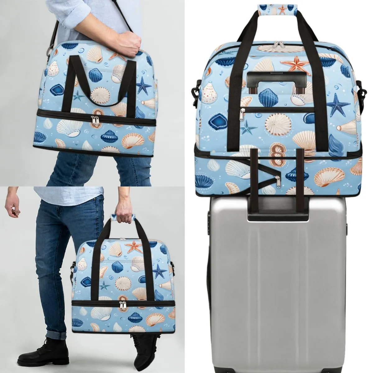 Seashell Starfish Foldable Travel Duffel Bag Overnight Weekender Bag with Shoes Compartment Sports Gym Bag for Men Women